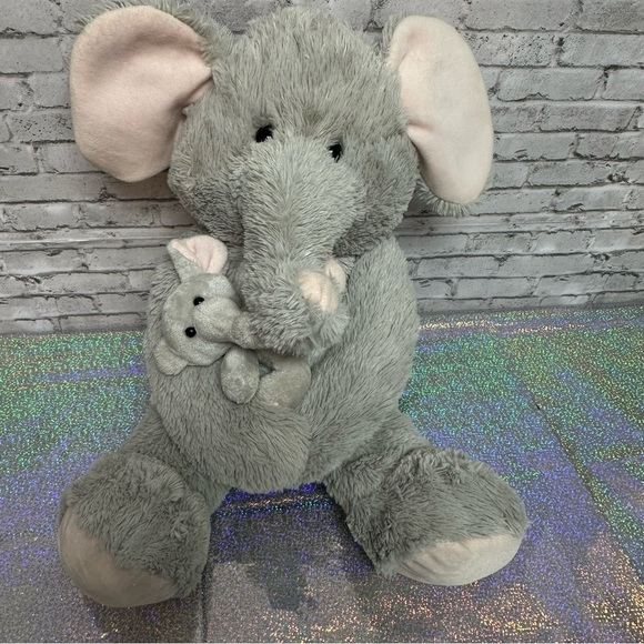 HUG FUN 20" ELEPHANT and BABY Hugging Stuffed Animal Plush Gray Pink Floppy Ears - Picture 2 of 14